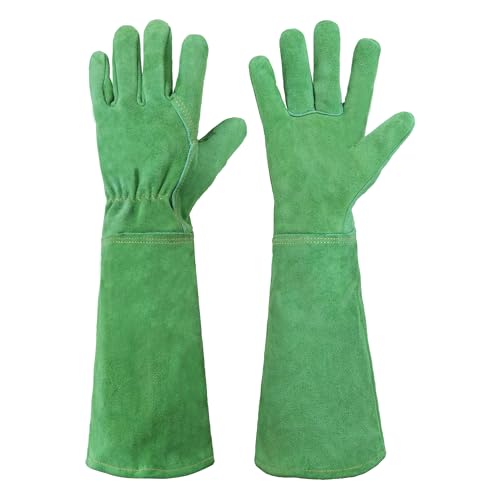 HANDLANDY Leather Gardening Gloves, Thorn Proof Long Gauntlet Heavy Duty Garden Gloves, Elbow Length Rose Pruning Weeding Yard Glove (Large, Green) - color: Green, size: Large (Pack of 1)