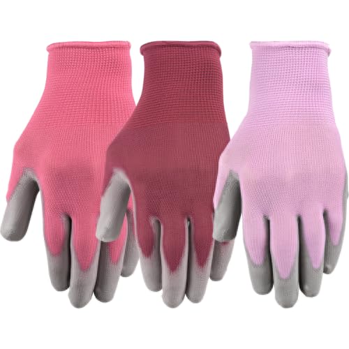 Wells Lamont Gardening Gloves for Women – Breathable Polyester, Seamless Fit – PU-Coated Palm for Grip & Durability - color: Plum/Raspberry/Lilac, size: Medium (Pack of 3)