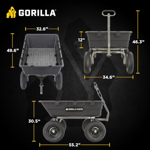 Gorilla Carts Poly Dump Cart, 1500 lb. Capacity, 10 Cu Ft, Black