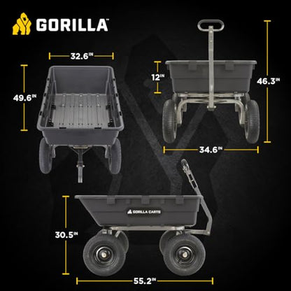 Gorilla Carts Poly Dump Cart, 1500 lb. Capacity, 10 Cu Ft, Black