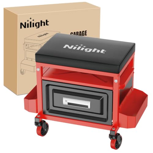 Nilight Rolling Mechanic Stool 350LBS Red Adjustable Garage Creeper Seat - color: Black Red 350lbs