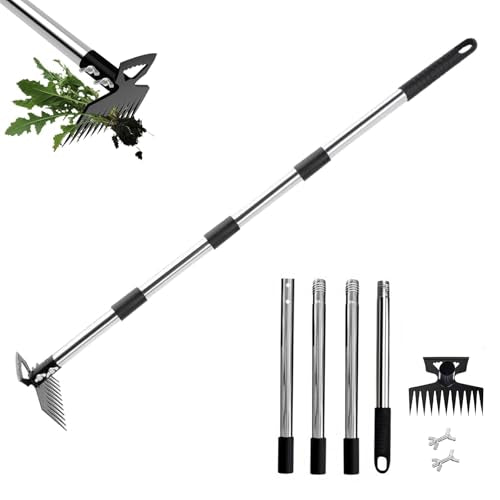 Weed Puller Tool, 2-in-1 Garden Hoe and Weed Rake, 60 Inch Adjustable Long Handle Stainless Steel Heavy Duty Weeding Tools, Manual Weeder Remover Gardening Uprooting Tool for Yard, Lawn and Patio