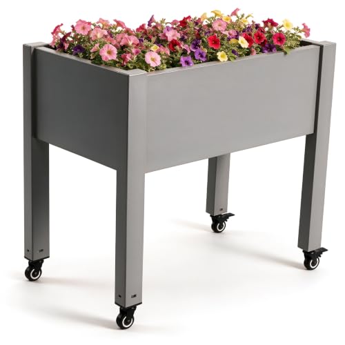 Raised Garden Bed with Wheels, Resin Elevated Planter Box, Gray - color: Gray, size: 26.3" H