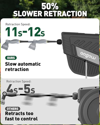 Retractable Garden Hose Reel: 1/2 in x 100 ft Wall Mounted Water Hose Reel with 10-Function Nozzle, Hose Reels for Outside, Any Length Lock, Brass Fittings, Slow Auto Rewind & 180° Swivel