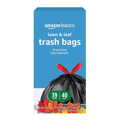 Amazon Basics Lawn & Leaf Drawstring Trash Bags, 39 Gallon, 40 Count, Black, Unscented