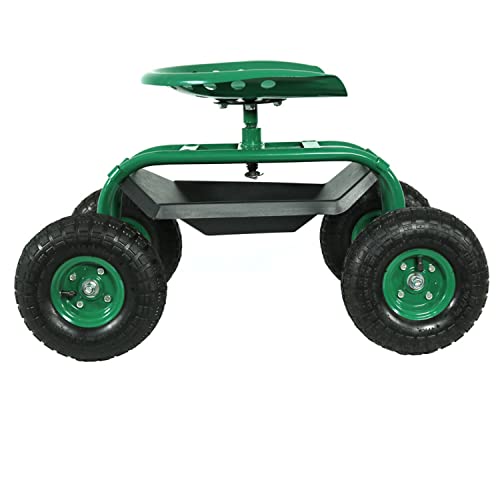 Sunnydaze Rolling Garden Cart with Swivel Seat and Storage, Green - color: Green