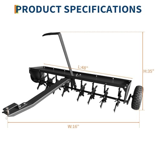 48" Tow Behind Lawn Plug Aerator with 30 Galvanised Steel Tines, Heavy Duty Pull Behind Plug Aerator with Universal Hitch, 3 in Spikes, Inflatable Wheels & Tray for Gardens, Lawns, Farms, Black - color: Black