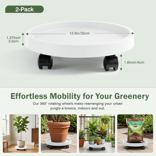 2 Pack Plant Caddy with Wheels,12.6 inch Rolling Plant Stands - color: White