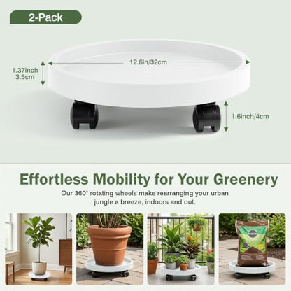2 Pack Plant Caddy with Wheels,12.6 inch Rolling Plant Stands - color: White