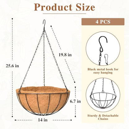 4 Pack Hanging Planter for Outdoor Plants 14 inch Metal Hanging Flower Basket with Coco Coir Liner Round Wire Plant Holder Chain Flower Pots Outdoor Garden Decoration Watering Hanging Baskets(XG) - size: 14" x 4 Pack, style: Watermelon