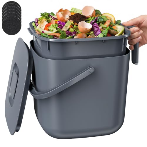 5.4L Kitchen Food Waste Bin with Lid & Handles, Indoor Compost Bucket Includes Inner Bucket Liner and Carbon Filter, Gray - color: Gray