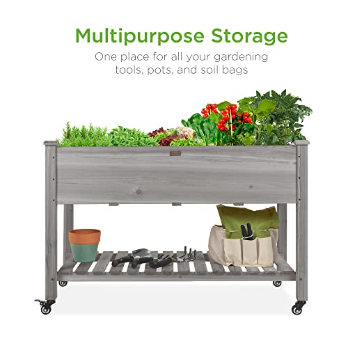 Best Choice Products Raised Garden Bed 48x24x32-inch Mobile Elevated Wood Planter w/Lockable Wheels, Storage Shelf, Protective Liner - Gray - color: Gray