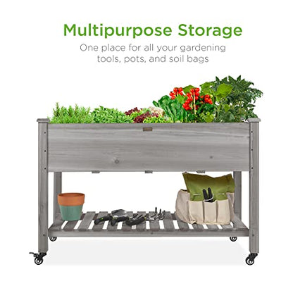 Best Choice Products Raised Garden Bed 48x24x32-inch Mobile Elevated Wood Planter w/Lockable Wheels, Storage Shelf, Protective Liner - Gray - color: Gray