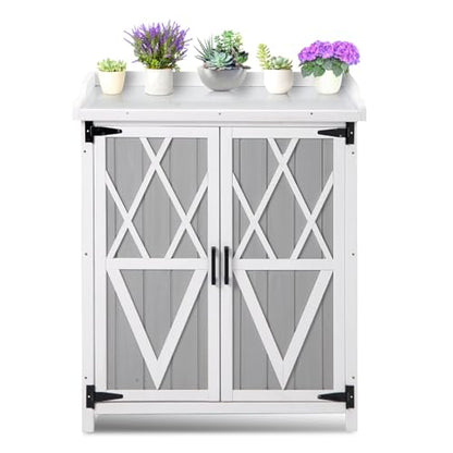 Outdoor Wooden Storage Cabinet with Metal Tabletop, Garden Potting Bench Table with Adjustable Shelf, Weather-Resistant Patio Cabinet for Garden, Lawn, and Backyard