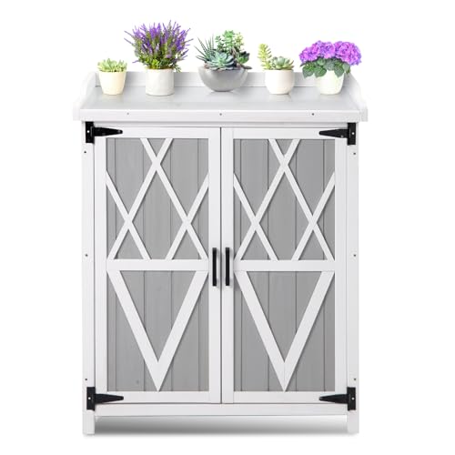Outdoor Potting Bench with Metal Work Top,Waterproof Garden Storage Cabinet, Wooden Garden Work Bench with Adjustablev Shelves & Double Doors for Backyard, Patio, Lawn Gardening,White Grey