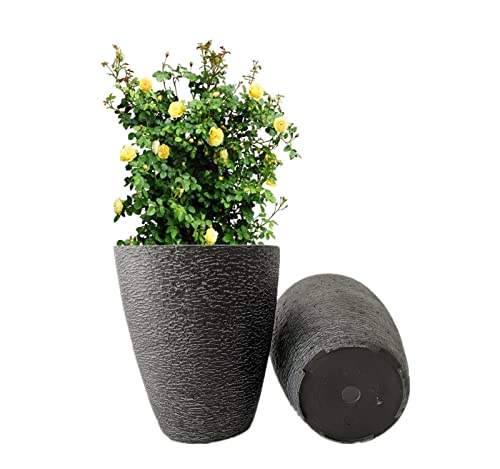 10 Inch Garden Planter Lightweight Indoor Outdoor Pots with Drainage Hole for Potted Plants Flowers Greenery, Set of 2, Black Grain Texture - color: Black Grain Texture