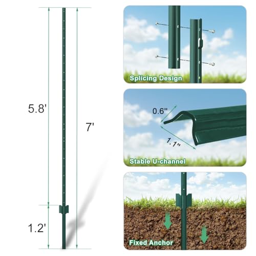 Green Metal Fence Post, Splicing 7 feet, T Post for Garden Fence, 15-Pack - color: Green, size: 7FT-15PACK-GREEN SPLICING