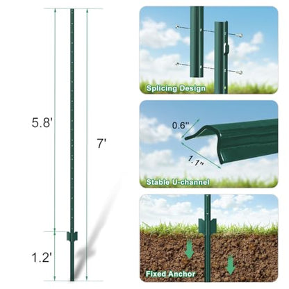Green Metal Fence Post, Splicing 7 feet, T Post for Garden Fence, 15-Pack - color: Green, size: 7FT-15PACK-GREEN SPLICING