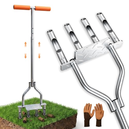 4-Tine Manual Core Lawn Aerator, 4-Inch Plug Aerator, Heavy-Duty Steel