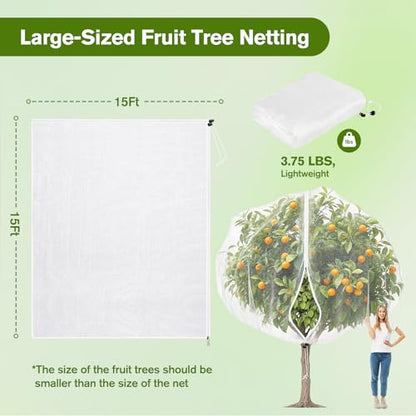 KEOHOLI 15FTx15FT Extra Large Fruit Tree Netting Reusable Durable Mesh Cover with Zipper and Drawstring for Fruit Tree Protection Cover from Birds Cicadas Squirrels and Insects - size: 15*15ft (1Pack, White)