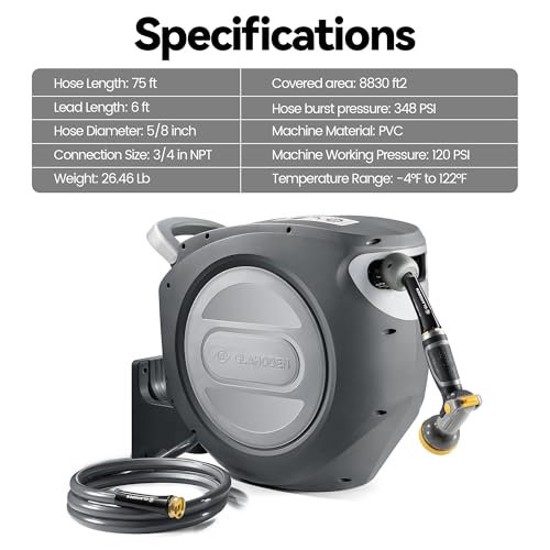 Retractable Garden Hose Reel 5/8 in x 75 ft Upgraded UV Resistant Heavy Duty Automatic Hose Reel Wall Mount 3/4 in Brass Fitting 9 Pattern Nozzle Any Length Lock Slow Retraction 180° Swivel - size: 5/8" 75FT