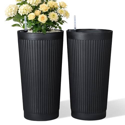 TUYOHW Set of 2 Large Round Tall Planter for Indoor or Outdoor 24" Flower Pots for Porch, Patio, Backyard, Large Planters for Outdoor Indoor Plants - color: Round Ribbed Black