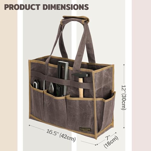 Canvas Large Tool Bag - A Large Main Pocket and 14 Insert Pockets Garden Tool Tote Bag - Durable 16oz Waxed Canvas Tool Case with Handle - Tool not Included - color: Grey