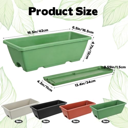 12 Pack Window Box Planter Rectangular Vegetable Flower Planters with Drainage Holes Saucers Plastic Flower Pots Planter for Indoor Outdoor Patio Garden Decor