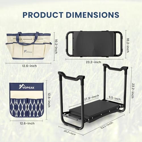 VOPEAK Garden Kneeler and Seat Heavy Duty, Foldable Garden Stool with Upgraded Widened Thick Kneeling Pad, Stable Garden Kneeler with 2 Large Tool Bags, Gardening Gifts for Women, Men, Seniors, Blue