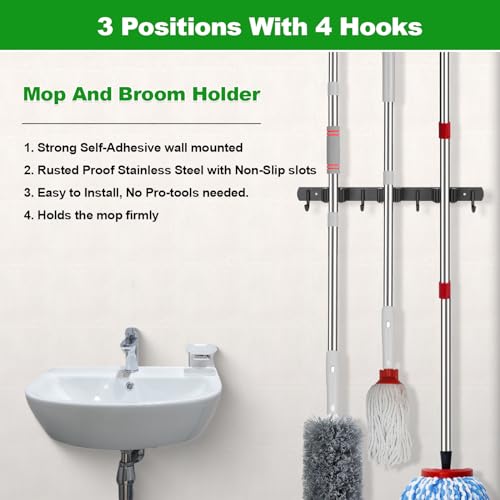 voze 3 Racks and 4 Hooks Mop and Broom Holder Wall Mount, Self Adhesive Heavy Duty Broom Organizer Storage Tool Racks for Kitchen Garden Laundry Garage - color: Black, size: 3 Racks 4 Hooks