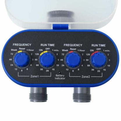 Double Outlet Water Timer for Garden Irrigation, Automatic Dual Valve Hose Faucet Controller with Ball Valves for Lawn Watering, Blue - color: Blue