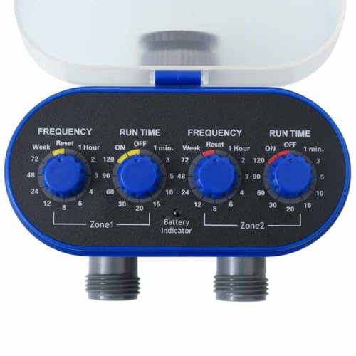 Double Outlet Water Timer for Garden Irrigation, Automatic Dual Valve Hose Faucet Controller with Ball Valves for Lawn Watering, Blue - color: Blue