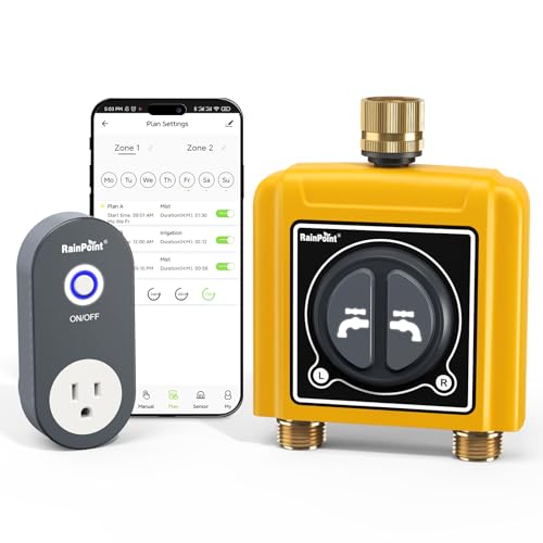 RAINPOINT WiFi Water Timer with Brass Inlet & Outlet，2 Zone WiFi Hose Timer for Lawn,WiFi Sprinkler Controller via APP/Voice Control,Automatic Watering System by Time/Weather/Quantity/Soil Moisture - color: Yellow, size: 2 Zone