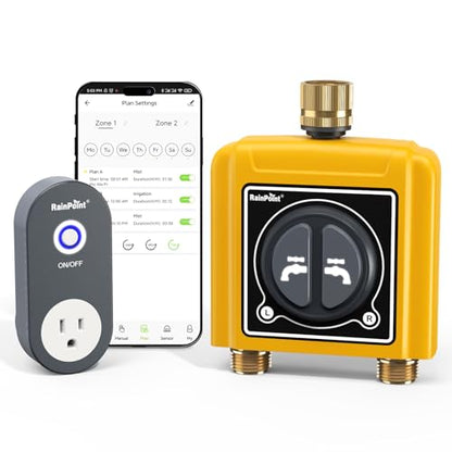 RAINPOINT WiFi Water Timer with Brass Inlet & Outlet，2 Zone WiFi Hose Timer for Lawn,WiFi Sprinkler Controller via APP/Voice Control,Automatic Watering System by Time/Weather/Quantity/Soil Moisture - color: Yellow, size: 2 Zone