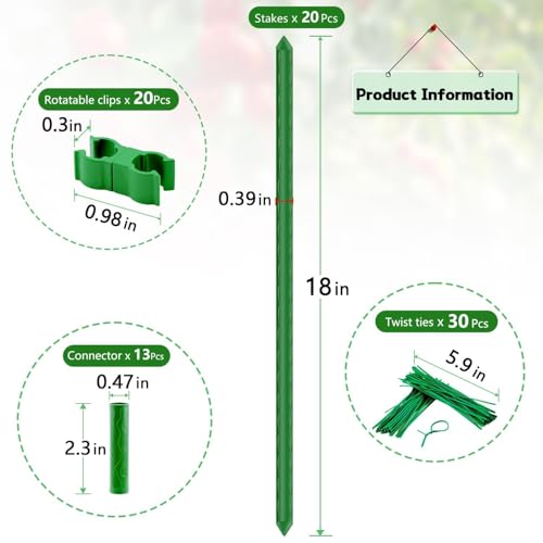 Sturdy Garden Stakes 18 Inch SupKing DIY 3/4/5/6/7ft Tomato Support Stake Green Plastic Coated Metal Tall Plant Stick Poles Plants Trellis for Indoor Outdoor Climbing Cucumber Chili Eggplant-20 Packs