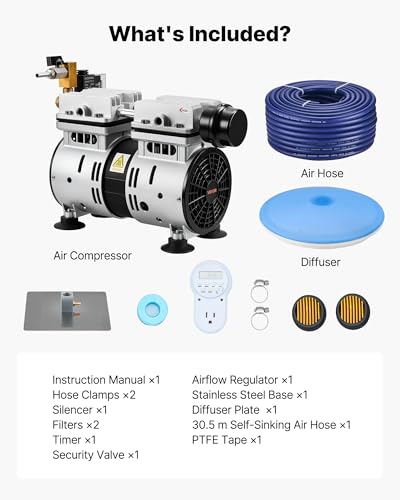 VEVOR Pond Aerators, 5.2CFM Aeration System for Lakes up to 3 Acres, 3/4 HP Air Compressor, 1 Diffuser & 100' Weighted Tubing, Outdoor Pond Aeration Pump for Deep Water Oxygen Circulation - size: 5.2CFM+1 diffuser