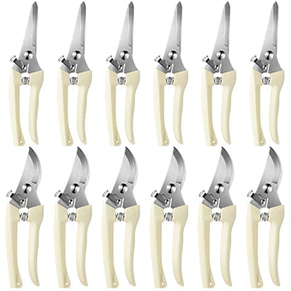 Therwen 12 Pcs Garden Shears Flower Scissors Pruning Shears Floral Garden Clippers Hand Pruners Branch Cutter Gardening Tools for Plants Cutting, Trimming, Fruits Picking (Beige,Bypass, Straight) - style: Beige, Bypass, Straight