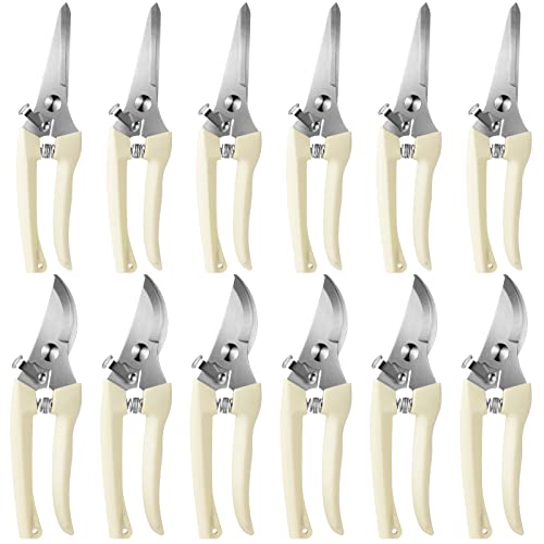 Therwen 12 Pcs Garden Shears Flower Scissors Pruning Shears Floral Garden Clippers Hand Pruners Branch Cutter Gardening Tools for Plants Cutting, Trimming, Fruits Picking (Beige,Bypass, Straight) - style: Beige, Bypass, Straight
