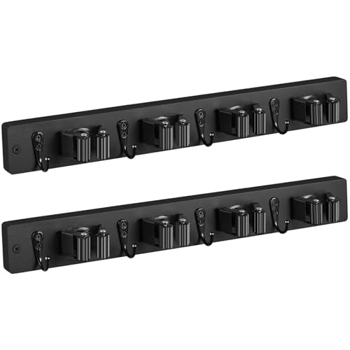OUTNILI 2 Pack Black Mop Broom Holder Wall Mount - Wood Broom Mop Hanger - Wall Mounted Garden Tool Rack Organizer for Closet Garage Laundry Room, 4 Slots & 4 Hooks - color: Black-4 Grips, size: 2 Pack