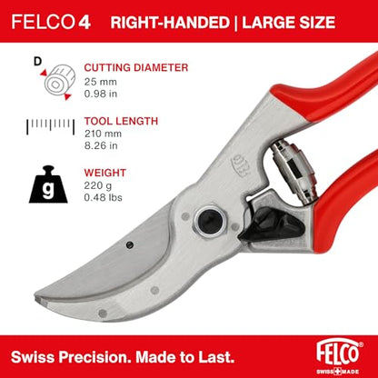 Felco F4 Pruning Shears – 9.25" Swiss-Made Garden Clippers for Pruning | Hand Pruners for Gardening | Garden Tool Cutter with Precision Bypass Blade, Aluminum Body, Replaceable Parts, Nut/Bolt Model - size: F4 Large Basic