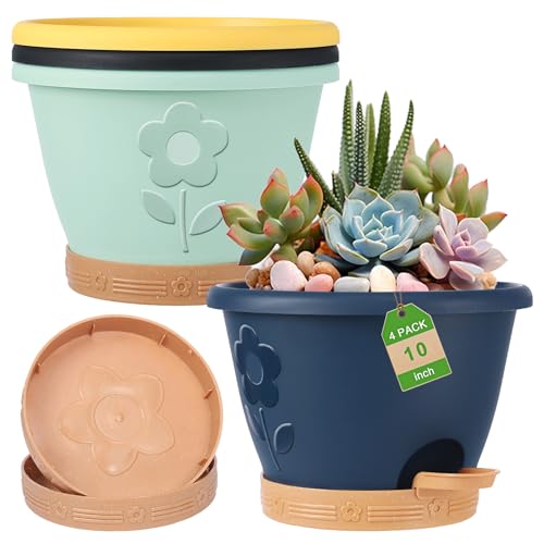 gegemaoyi Plastic Plant Pots 10 Inch Set of 4, Self Watering Pots with Drainage Holes, Saucer & Reservoir, Flower Pots for Indoor/Outdoor Plants, Decorative Nursery Planting Pots (Multicolor)