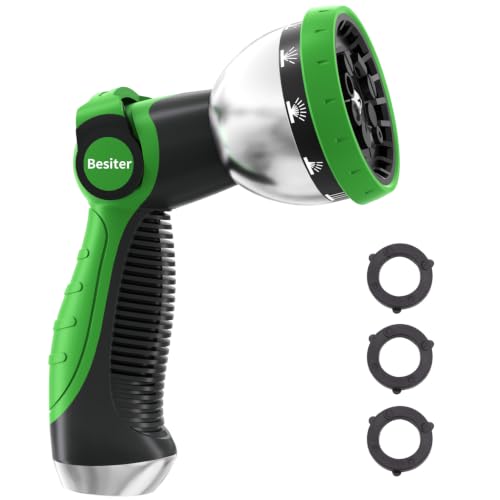 Besiter Garden Hose Nozzle, Hose Sprayer Nozzle with 10 Spray Patterns, Thumb Control On Off Valve, High Pressure Metal Water Hose Nozzle for Car Wash, Plants, Pets & Outdoor Cleaning, Green - color: Green