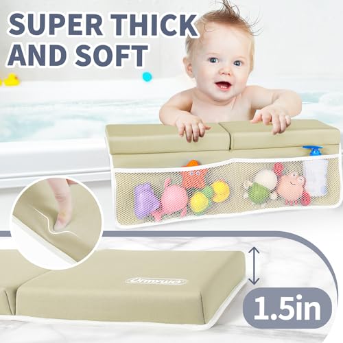 URMYWO Bath Kneeler and Elbow Rest Pad Set - 1.5" Thick Baby Bath Kneeler Pads with Toys Organizer, Anti-Slip Cozy Knee & Arm Support Bathtub Mat, Quick Dry Kneeling Pad for Baby Bath Time - color: Beige
