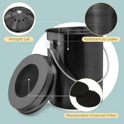 Epica Kitchen Compost Bin for Kitchen Countertops, 1.3 Galllon - Black - color: Black