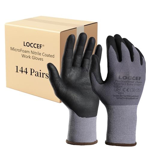 LOCCEF Safety Work Gloves MicroFoam Nitrile Coated-12 Pairs,Seamless Knit Nylon Gloves,Home Improvement,Micro-Foam Gloves - color: Grey-144 Pairs