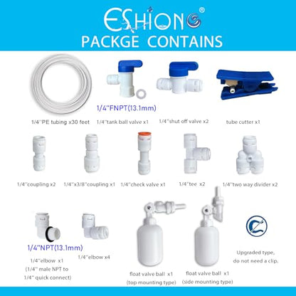 ESHIONG NSF Certified 1/4" O.D. Push to Connect Fittings for RO (Reverse Osmosis) Water Filter（with water float ball valve）19 pcs+30 feet 1/4" Water tubing. - style: 1/4" Float Ball Valve Kit