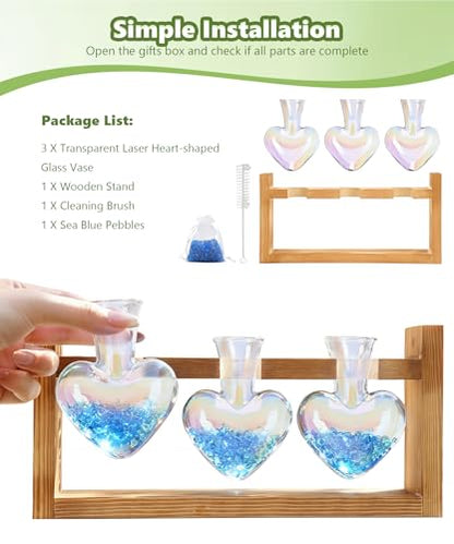 Nacome Plant Terrarium with Wooden Stand, 3 Heart Bulb Glass Vases - color: Iridescent Clear