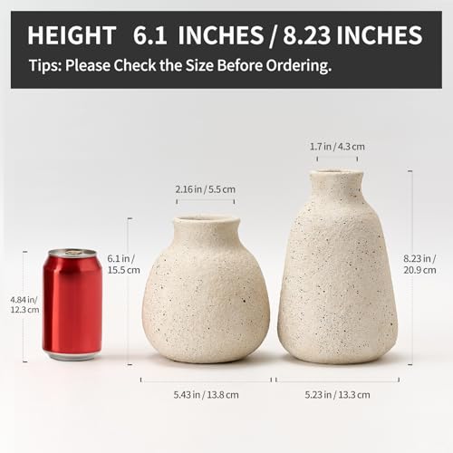 Ceramic Vase Set of 2 for Home Decor, Handcrafted Sesame Dot White Rustic Terracotta Vases, Vintage Farmhouse Decor, Minimalist Decorative Vases for Table Centerpiece Fireplace Nightstand Decoration - color: Sesame Dot White- 2pcs