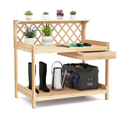 Giantex Potting Bench, Wood Potting Table with 3-Tier Shelves, 1 Drawer, Outdoor Wooden Workbench w/Lattice Trellis, Indoor Outdoor Planting Table for Backyard, Balcony, Lawn (Natural)