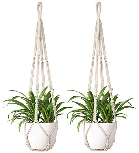Mkono Macrame Plant Hanger Indoor 35 Inch Hanging Planter Basket Ivory 2Pcs - color: Ivory